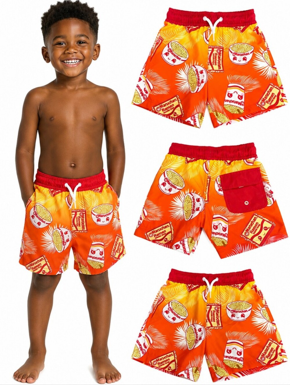 Boys Bright Orange and Yellow Swim Trunks with Ramen Noodles Print - SIZE 5 NWT